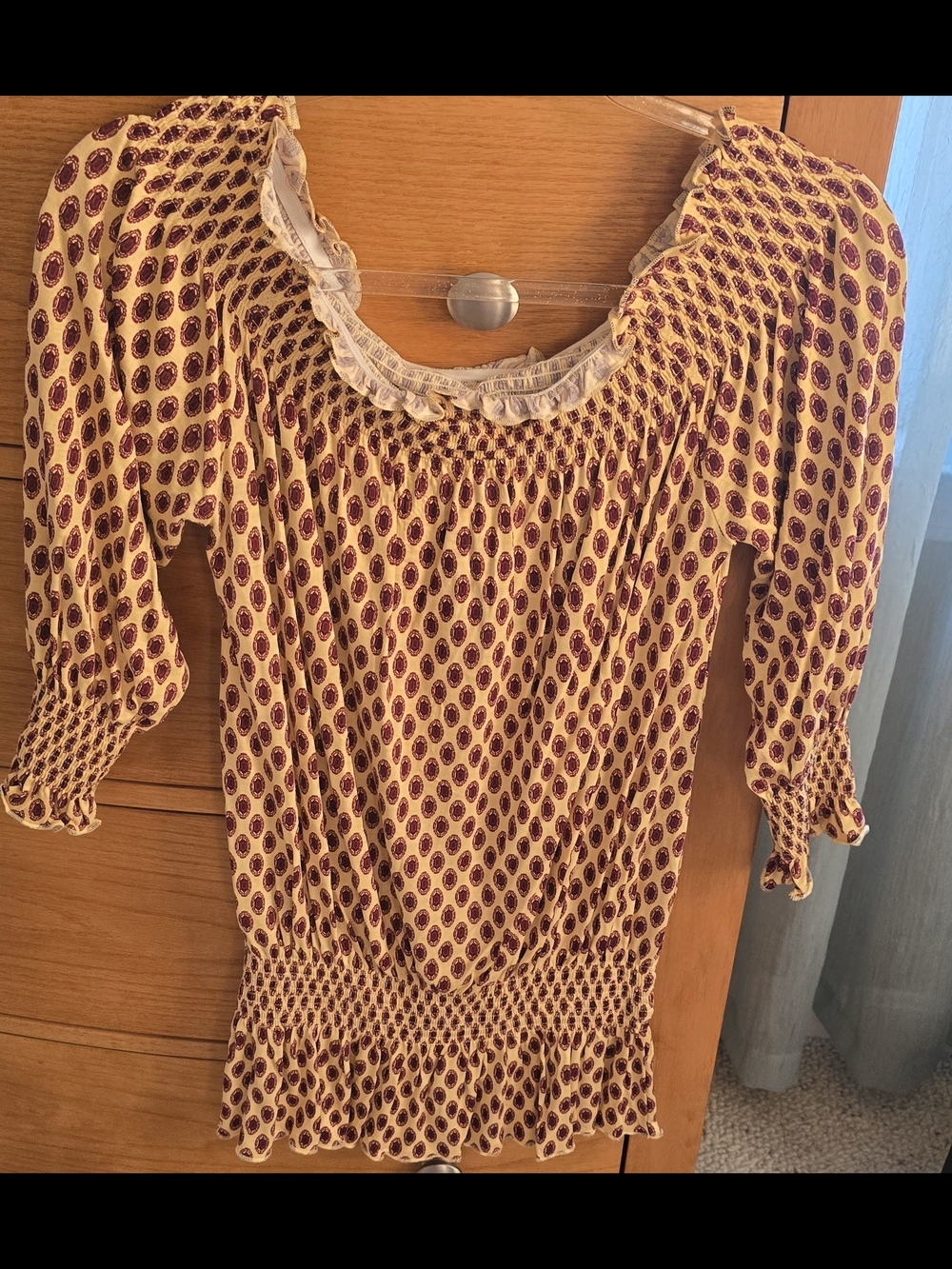 NWT Lascana Women's Yellow & Burgundy Printed Smocked Top,On/ Off Shoulder, 0/2